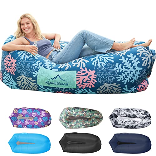 AlphaBeing Inflatable Lounger Air Sofa, Portable Inflatable Couch Mesh Hollow Air Hammock Anti Leakage Air Chair for Outdoor Camping Hiking Beach Traveling (Coral Navy, Large（2 People）)