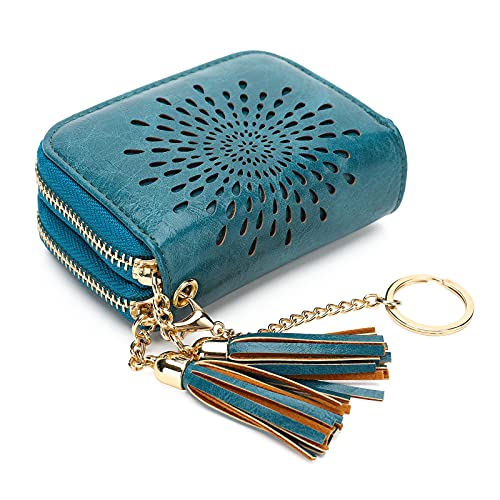 APHISON RFID Credit Card Holder Double Zipper Card Case Small Wallets for Women Leather Multifunctional Holders Sunflower style Ladies Girls/Gift Box 1942-2 PEACOCK-BLUE
