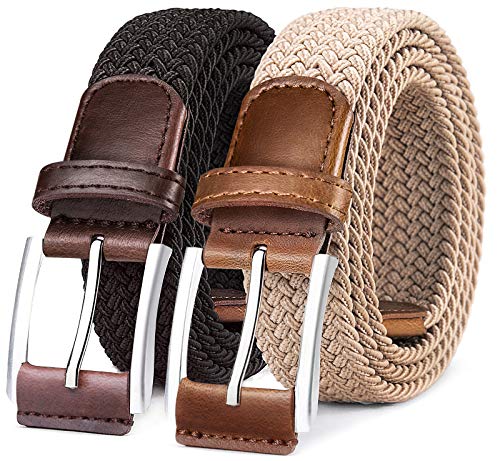BULLIANT Belt for Men 2Pack, Mens Stretch Braided Web Belt Elastic for Casual Golf Hunting Pants Jeans,1 3/8'(Black/Beige,36'-40' Waist Adjustable)