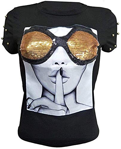 PESION Womens Short Sleeve T-Shirt Sequined Tops O-Neck Funny Graphic Tees Blouse, Black1 X-Large