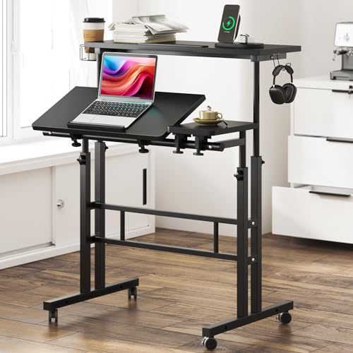 soges Rolling Standing Desk, Height Adjustable Home Office Desk, Mobile Sit-Stand Laptop Desk with Hook and Cup Holder, Portable Desk with Wheels, Black