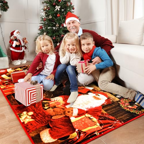 LOCHAS Christmas Rug for Living Room Bedroom 3x5 Feet, Washable Christmas Area Rugs Non Slip Santa Rug, Christmas Welcome Mat Xmas Carpet for Kitchen Home Holiday Decoration, Red