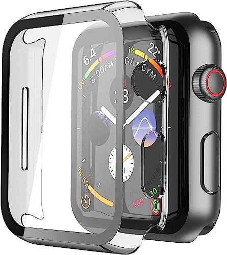 Misxi 2 Pack Hard PC Case with Tempered Glass Screen Protector Compatible with Apple Watch Series 4 Series 5 Series 6 SE 44mm, Scratch Resistant Overall Protective Cover for iWatch, Clear