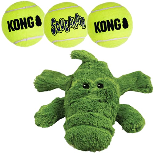 KONG Cozie Ali The Alligator and 3 SqueakAir Balls - Fun, Interactive Dog Toys - Balls for Fetch & Soft, Sturdy Toy for Indoor Play - for Medium Dogs