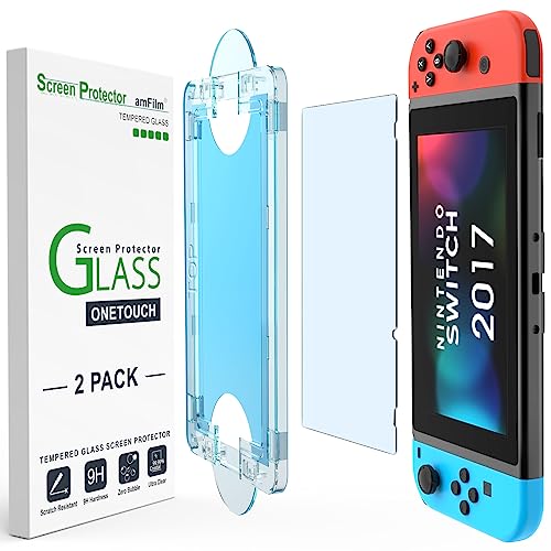 amFilm OneTouch Screen Protector Designed for Nintendo Switch 2017 - With Auto Alignment Kit, Bubble Free, Glass, 2 Pack