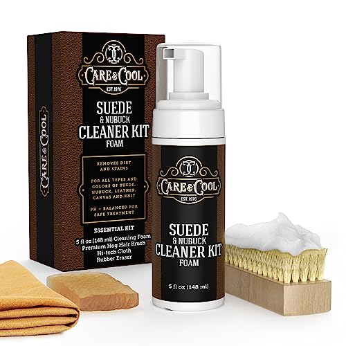 Care & Cool Suede and Nubuck Cleaner Kit FOAM (5 oz) Restores Color & Vibrancy to Shoes, Boots, Clothes, and Furniture. Includes Premium Hog Brush, HiTech Cloth & Eraser. Setting Standards Since 1976.