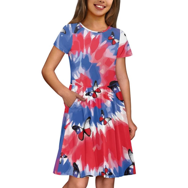 Jndtueit Tie Dye Girls Dresses for 4-16T Kids, American Flag Butterfly Toddlers' Short Sleeves Knee Length Dresses, Swirl A Line Swing Skater Twirl Picnic Dress