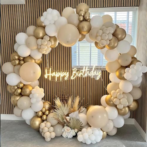 White Sand Gold Balloons Garland Arch Kit,156PCS White Nude Balloons with Metallic Chrome Gold Latex Balloons for Boho Wedding Baby Bridal Shower Engagement Anniversary Birthday Decorations Backdrop