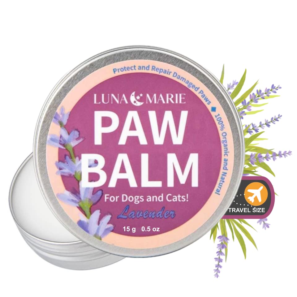 LunaMarie Paw Balm | 100% Natural Organic Nose & Paw Soother with Shea Butter & Coconut Oil | Paw Pad Balm for Dogs & Cats, Licksafe Paw Wax for Pets with Lavender Scent (Lavender Travel Size, 0.5 Oz)