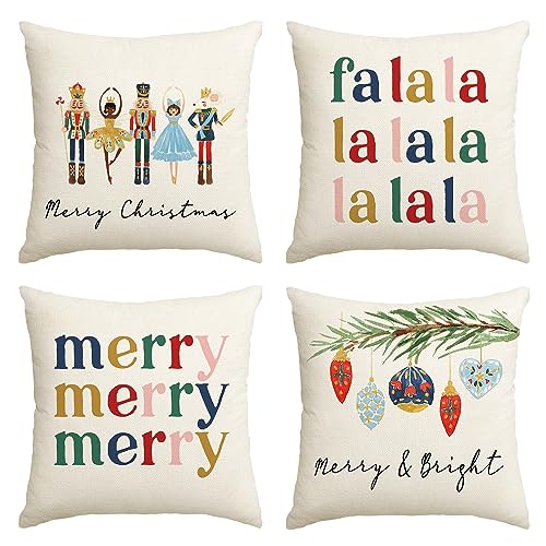 AVOIN colorlife Merry Christmas Nutcracker Throw Pillow Covers, 18 x 18 Inch Winter Holiday Party Cushion Case Decoration for Sofa Couch Set of 4
