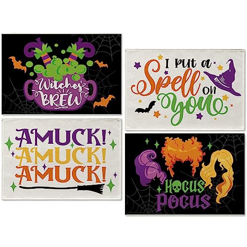 Seliem Halloween Hocus Pocus Placemats Set of 4, Fall Witches’ Brew Amuck Dining Table Place Mats Home Kitchen Decor, Sanderson Sisters Autumn Holiday Cotton Linen Rustic Vintage Decoration 12x18 Inch