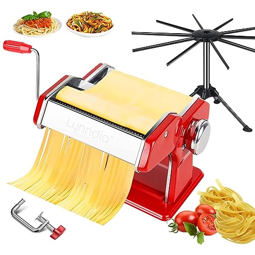 Lynndia Pasta Maker Machine Stainless Steel Manual, 9 Adjustable Thickness Settings, Includes Pasta Roller, Cutter, Removable Handle and Pasta Drying Rack, Perfect for Spaghetti (Red)