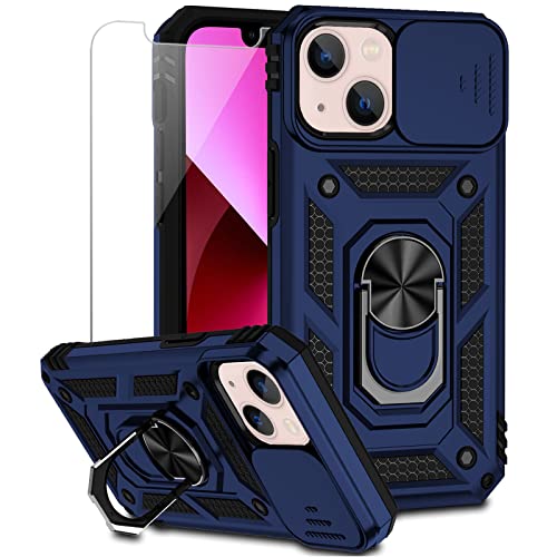 iPhone 13 Case with Screen Protector, Dual Layer Drop Protection, Magnetic Ring Holder - Navy Blue