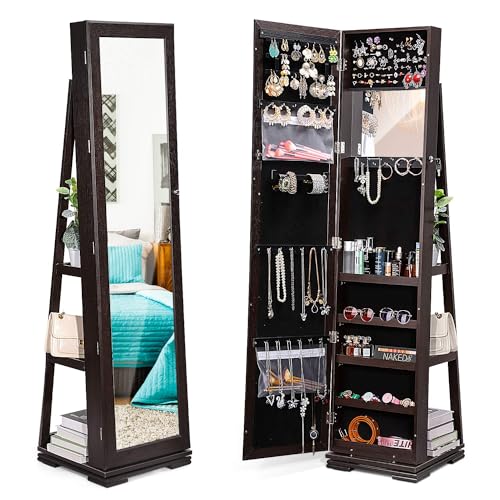 Titan Mall 360° Rotating Jewelry Cabinet Standing Jewelry Armoire with Full Length Mirror,Revolving Makeup Jewelry Holder Organizer w/Full Body Mirror,Large Stand Up Jewelry Box,Girl Women Gift,Brown
