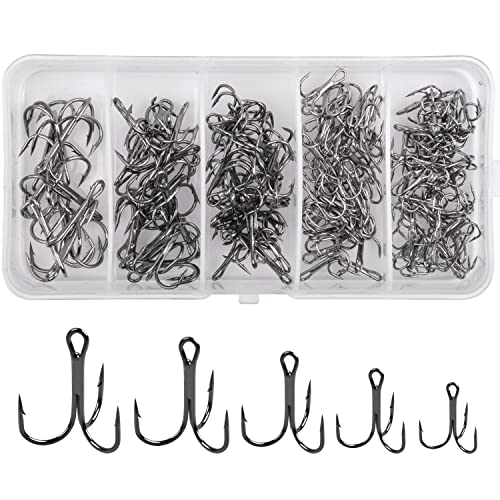 Black Treble Hooks Kit, 150pcs Sharp Treble Fishing Hooks Set High Carbon Steel Classic Round Bend Triple Fish Hooks Set for Catfish Saltwater Freshwater Size 4 6 8 10 12