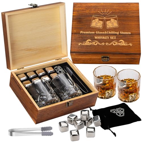 13 in 1 Whiskey Glasses Set Gifts for Men, Whiskey Stones Bourbon Drinking Glass with Wooden Gift Box, Cocktails Scotch Cups Birthday Gift Set for Him