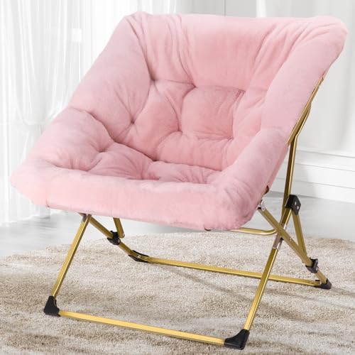 YaFiti Comfy Saucer Chair, Folding Faux Fur Lounge Chair for Adults Teens Kids, Soft Lazy Flexible Seating Chair Moon Chair with Metal Frame for Bedroom, Living Room, Dorm Rooms(Pink)