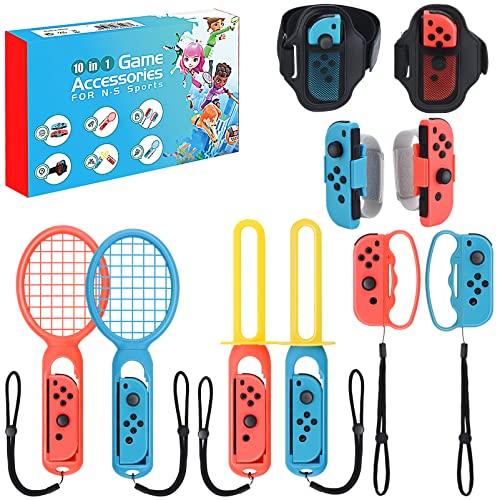 2022 Nintendo Switch Sports Accessories Bundle, 10 in 1 Family Sports Game Accessories Kit for Switch OLED, Joycon Grip for Hand Strap & Leg Strap,Chambara,Bowling Grip and Tennis/Badminton Rackets