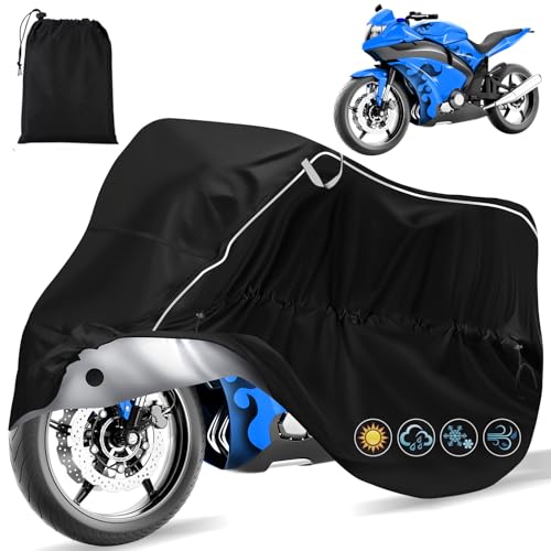 Motorcycle Covers, All Season Universal Weather Outdoor Waterproof Motorbike Covers Dust Sun Protection Motorbike Accessories with Lock-Holes & Storage Bag Fits up to 96.5' Motorcycles Vehicle Cover