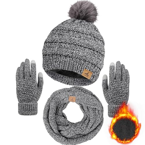 Winter Beanie Hat Scarf Gloves Set, Soft Fleece Knit Hat Warm Touchscreen Gloves Neck Warmer Thick Scarves Gifts for Women