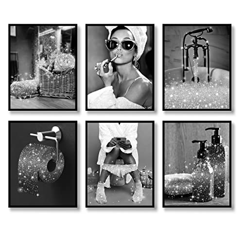 Fashion Wall Art Bathroom Wall Decor Prints Set of 6 Black and White Glam Glitter Canvas Posters Pictures Photos Artwork Modern Women Funny (Black and White, 8'x10' UNFRAMED)
