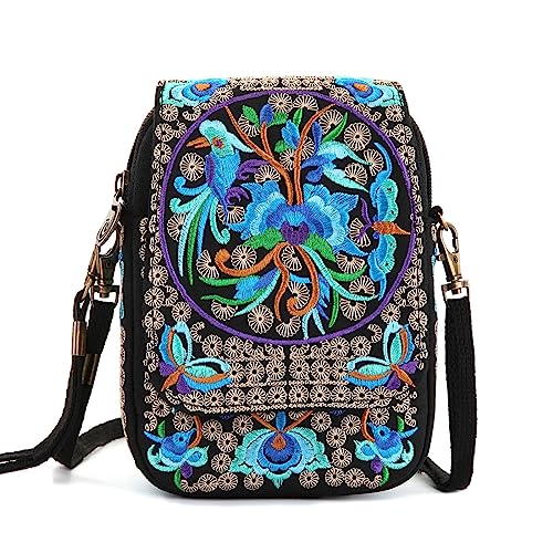 Goodhan Flowers Embroidery Crossbody Bag, Mini Canvas Shoulder Bag Cellphone Purse Wristlet Pouch