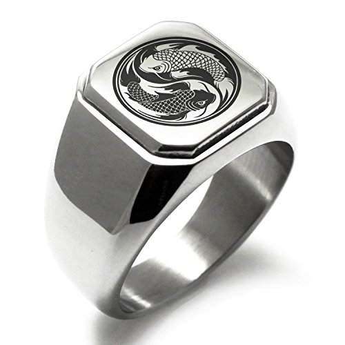 Tioneer Jewelry | Stainless Steel Symbol Initial Ring | Square Flat Top Ring for Men & Women | Stainless Steel Jewelry, Silver - Koi Fish, Size 9.5