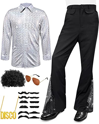 Mepase 70s Disco Outfit Costume Bell Bottom Pants Long Sleeve Shirts Wigs Necklace Mustache Sunglasses (Shiny Sequin, Adult,X-Large)