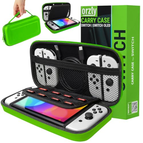 Orzly Carrying case for Nintendo Switch OLED and Switch Console - Green Protective Hard Portable Travel case Shell Pouch for Nintendo Switch Console & Accessories