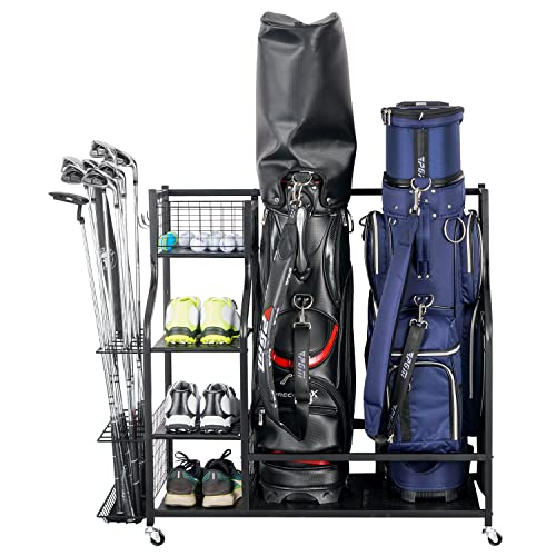 Mythinglogic Golf Storage Garage Organizer,Golf Bag Storage Stand and Other Golfing Equipment Rack,Extra Large Design for Golf Clubs Accessories,2 golf bag rack