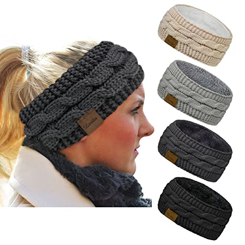 Loritta 4 Pack Womens Winter Headbands Fuzzy Fleece Lined Ear Warmer Cable Knit Thick Warm Crochet Headband Gifts,Multi A
