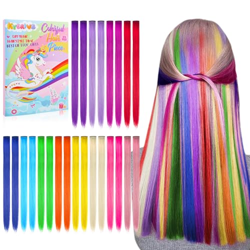 Kyerivs Colored Clip in Hair Extensions for Girls 24PCS 20Inch Rainbow Straight Synthetic Hairpieces Stocking Stuffers for Girls Party Highlights Colorful Hair Accessories Halloween Gifts for Women