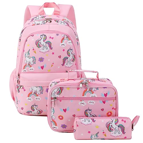 Unineovo Backpack for Girls, Kids Unicorn Backpack Set, Elementary Primary Middle School Bookbag with Lunch Box and Pencil Case, Pink