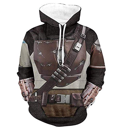 CHLOBLOM Unisex Mandalorian Hoodie Cosplay Costume 3D Pullover Sweatshirt Zip Jacket (L, Brown)