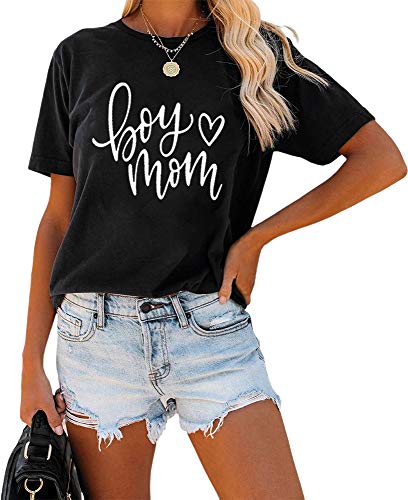 Boy Mom Shirts for Women Casual Short Sleeve Mom Graphic T-Shirt Tops L