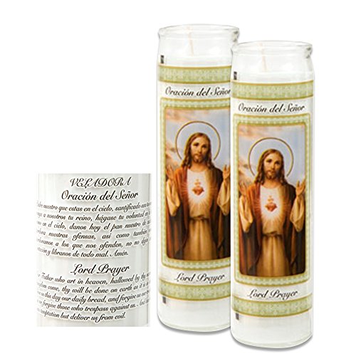 Catholic Prayer Candles - Set Of 2 Religious Candles - Real Wax (White Poured, Unscented) Candles - Extra Long Burn Time - Prayer Printed On Each Candle - Church Vigil Devotional [BUNDLE, 2 Pcs.]