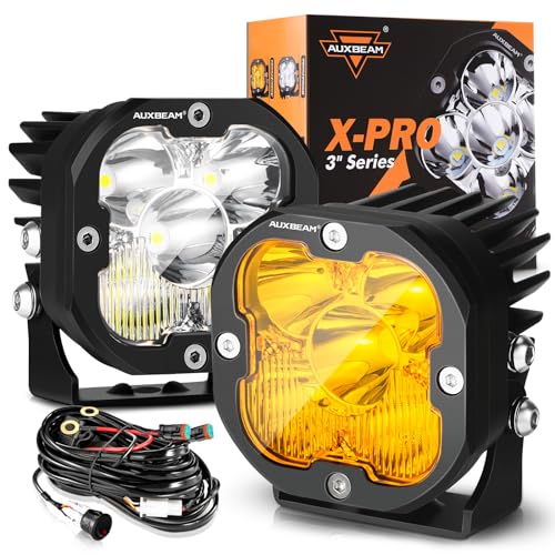 Auxbeam 3 inch Led Pods X-PRO Series Amber Fog Light White Off Road Driving Light Super Spot Flood Combo Offroad LED Cube 80W 120° Wide Combo Ditch Light for Jeep ATV Wrangler Ford Truck Pickup, Pair