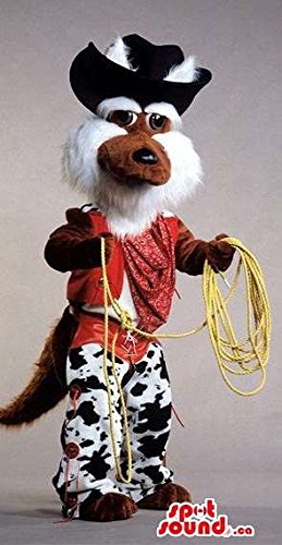 SPOTSOUND Brown and White Coyote Plush Mascot US Dressed in Cowboy Gear