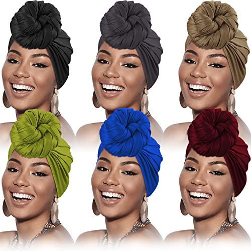 SATINIOR 6 Pcs Head Wrap Scarf Turban Long Hair Scarf Soft Stretch Headwrap Solid Color Turban Tie Headband for Women Girls (Black, Khaki, Wine Red, Army Green, Dark Gray, Blue)