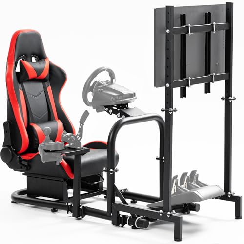 Minneer Stable Drive Fly Simulator Cockpit with Red Seat and TV Stand Fit for Logitech/Thrustmaster/Fanatec G29/G920/T248/T300 Racing Wheel Stand(Wheel, Pedals, Handbrake Not Included
