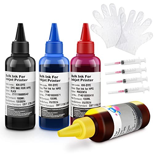 INK+ Refill Kit 4x100ML for HP 60 61 62 63 564 920 901 902 932 933 934 940 950 951 952 94 95 96 Inkjet Printer Refillable Cartridges CIS CISS System (1 Black, 1 Cyan, 1 Magenta, 1 Yellow)