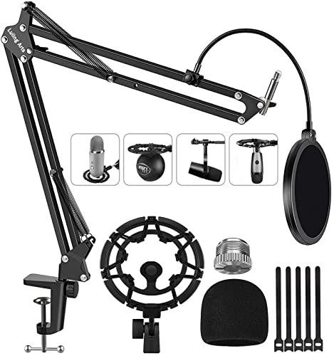 Microphone Stand for Blue Yeti Snowball Quadcast Adjustable Suspension Boom Scissor Arm Stand with ShockMount Windscreen and Double layered Pop Filter Mic Holder Cable for Broadcasting Game