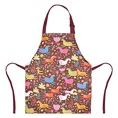 MRYUWB Kids Boys Dinosaur Apron with Pockets, Girls Aprons for Cooking, Painting, Kitchen Chef Apron for Children 3-12 Years (Brown & Horse, Large (6-12 Years))