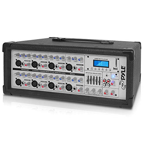 Pyle 8-Ch. Bluetooth Stage Powered Mixer - 800W Pro Audio Sound Mixer, MP3/USB/SD Readers, Aux(3.5mm) Input, RCA & 1/4'' Effects Loop Connectors, Digital LCD Display, Built-in Cooling Fan - PMX840BT