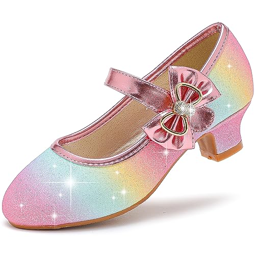 Dufannie Rainbow Shoes for Girls Flower Girl Shoes Toddler Dress Shoes Kids High Heels Elsa Shoes Girls Flats Unicorn Shoes Wedding Party(3303ShimmerRainbow 10)