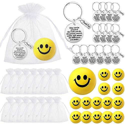 Jenaai 25 Sets Employee Stress Relief Gifts Smile Face Stress Balls Mini Foam Balls Team Gifts Keychains Stainless Keychain Organza Bag Employee Appreciation Gifts for Staff Coworker Student Teacher