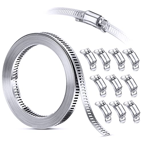 Steelsoft 304 Stainless Steel Hose Clamps Assortment Rack, Large Adjustable Worm Drive Hose Clamp Band Duct Pipe Clamp, Metal Strapping, Automotive Muffler Exhaust Wrap,12FT Metal Straps+10 Fasteners