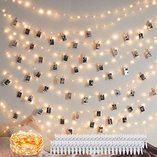 Decute 100 LED 50 Photo Clips String Lights Holder 33FT Starry Fairy Lights for Hanging Pictures Cards Memos USB Powered with Switch Perfect for Bedroom Wedding Dorm Christmas Decor (Warm White)