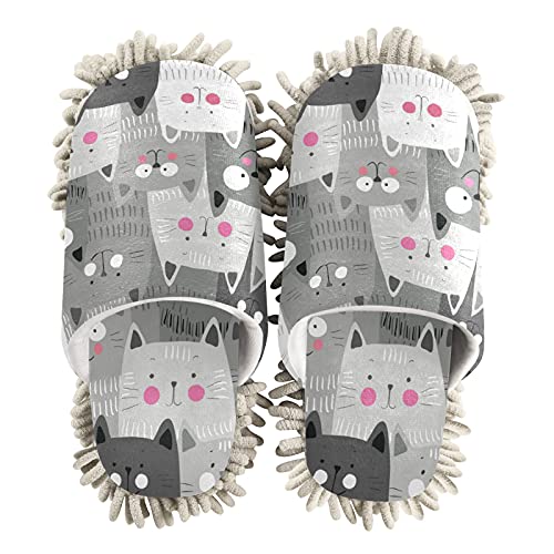 Boccsty Cats Kitten Pattern Mop Slippers Shoes Funny Grey Pet Kitty Cleaning House Slippers Spa Slippers Dusting Slippers Home Shoes M for Men Women