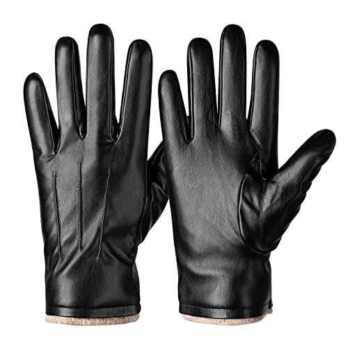 Alepo Winter PU Leather Gloves For Men, Warm Thermal Touchscreen Texting Typing Dress Driving Motorcycle Gloves With Wool Lining (Black-L)